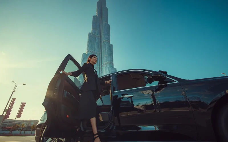 مسافری در حال سوار شدن به تاکسی در مقابل برج خلیفه