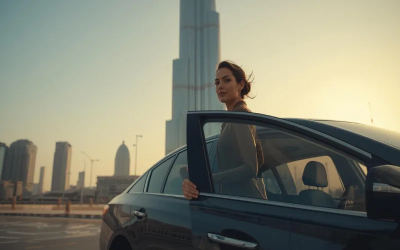 مسافری در حال سوار شدن به تاکسی در مقابل برج خلیفه + نکات مهم هنگام استفاده از تاکسی