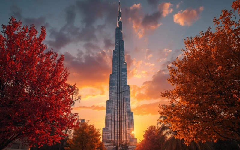 منظره غروب برج خلیفه در پاییز