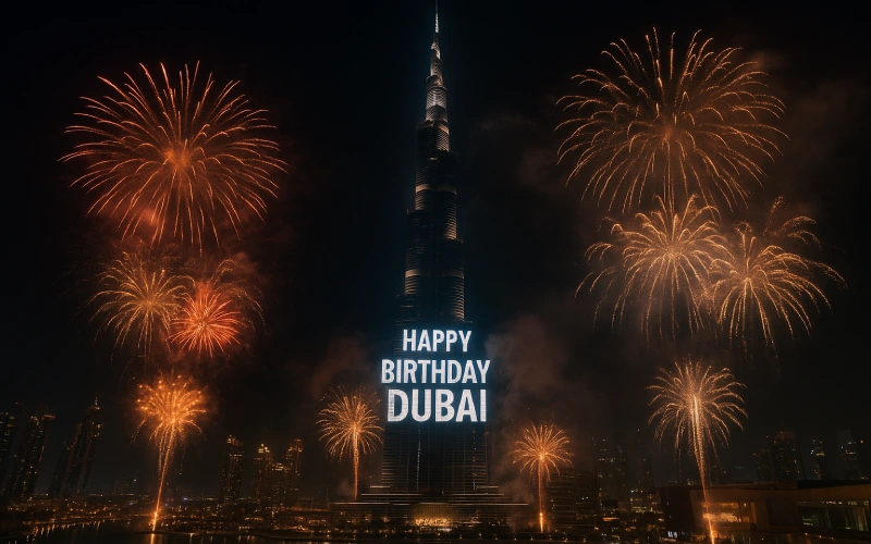 آتش بازی اطراف برج خلیفه با متن Happy Birthday Dubai