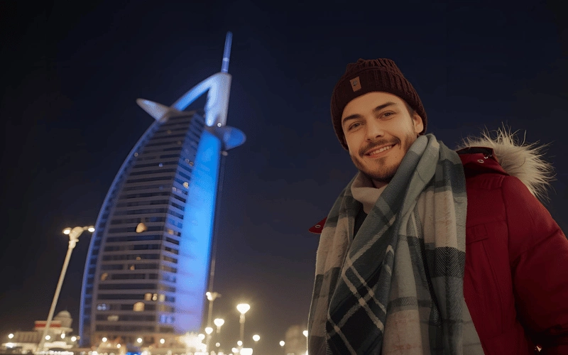 گردشگری در حال گرفتن عکس در کنار برج العرب با استایل شیک زمستانی