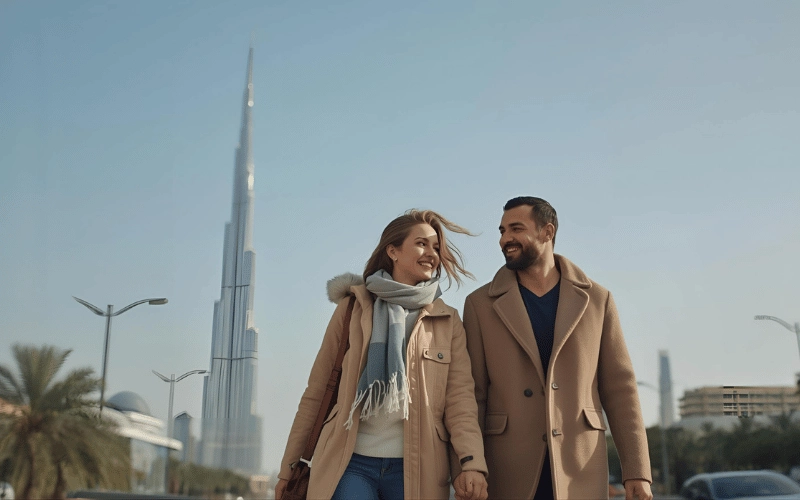 زوجی در حال پیاده روی در کنار برج خلیفه