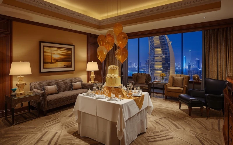 اتاق سوئیت برج العرب با میز تولد اختصاصی روی میز