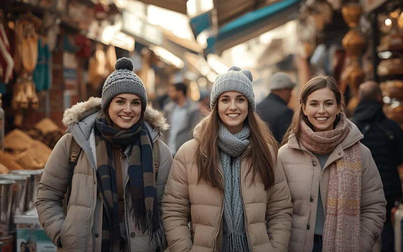 گردشگران با لباس های زمستانی سبک و پوشیده در بازار سنتی دبی