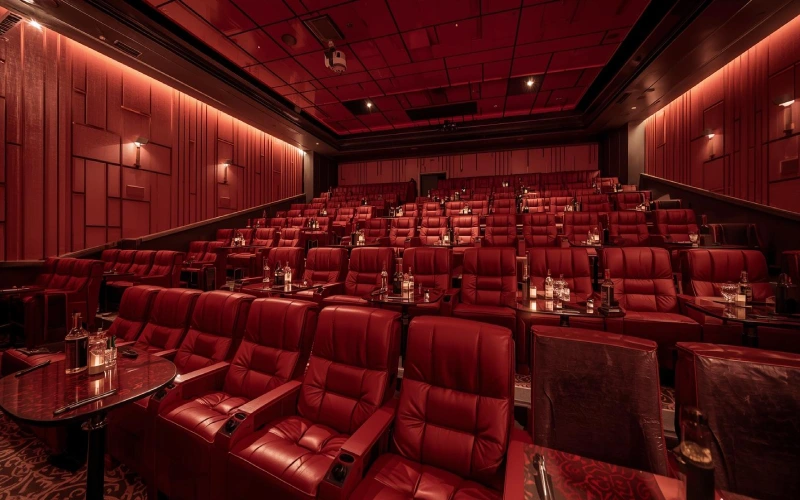 سالن سینمای VIP با صندلی های چرمی قرمز و میز نوشیدنی