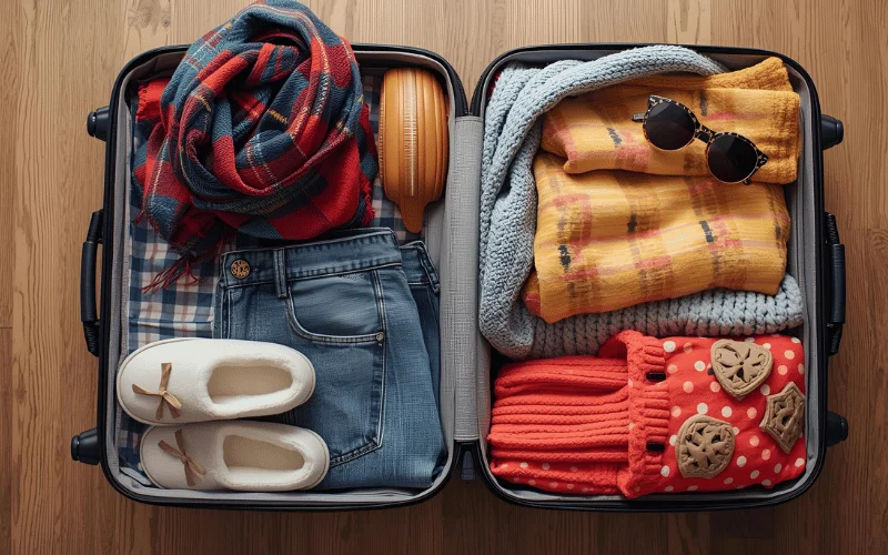 چمدان باز با لباس های رنگارنگ سبک زمستانی