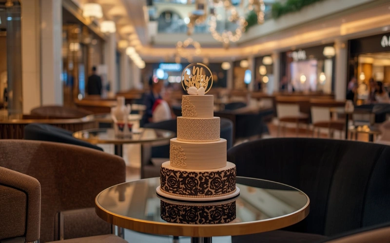 میز مجلل کافه ای در دبی مال با کیک تولد