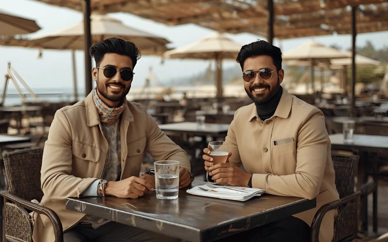 گردشگران در رستوران ساحلی با لباس های شیک اما ساده زمستانی