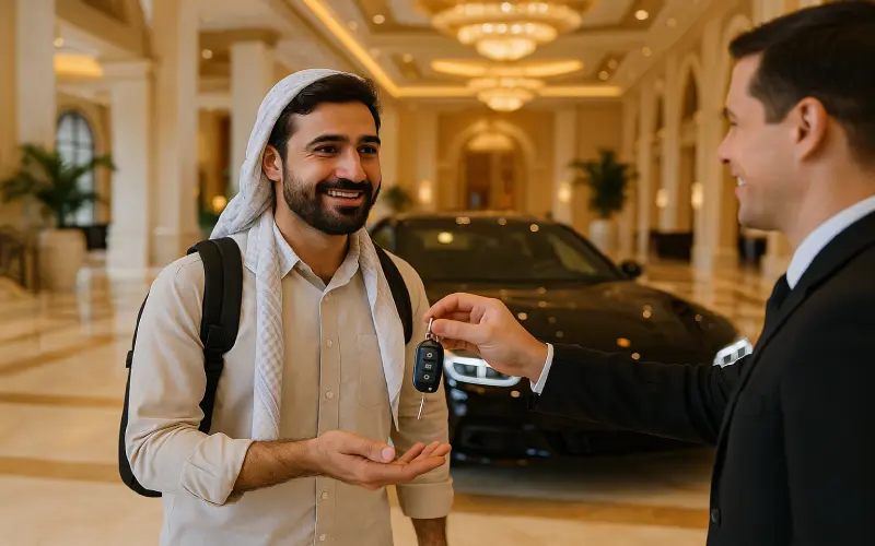 مسافر توریستی ایرانی در حال دریافت کلید خودرو لوکس در لابی هتل دبی