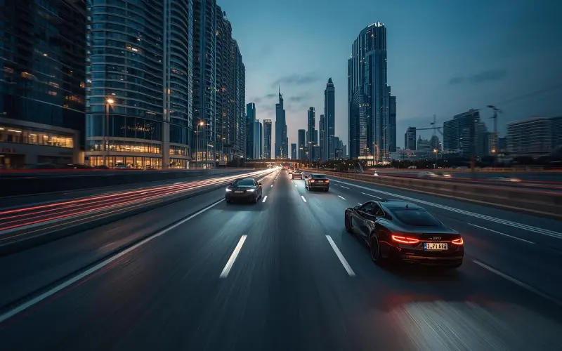 نمای کلی از خیابان شیخ زاید دبی با خودروهای لوکس در حال حرکت