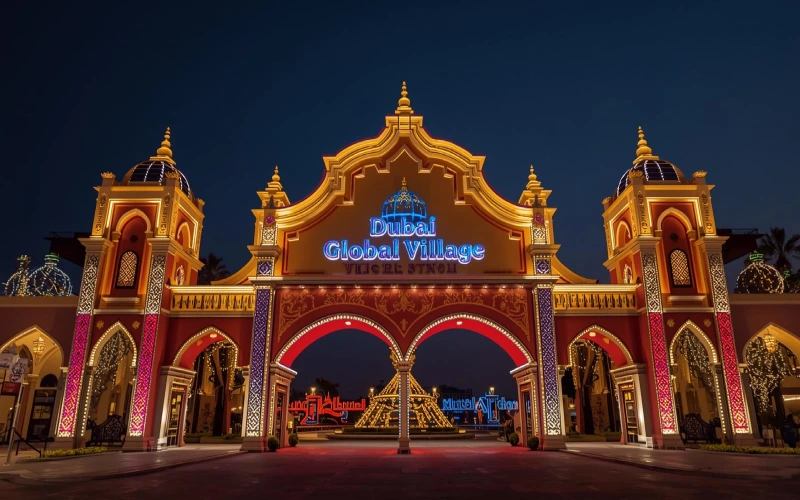 ورودی درخشان دهکده جهانی با نورپردازی شبانه