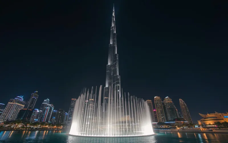 نمای شبانه برج خلیفه و فواره ها یکی از بهترین جاها برای افراد مجرد